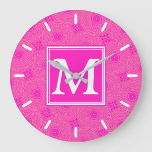 Monogram hot pink circles pattern große wanduhr