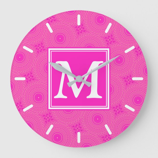 Monogram hot pink circles pattern große wanduhr (Vorderseite)