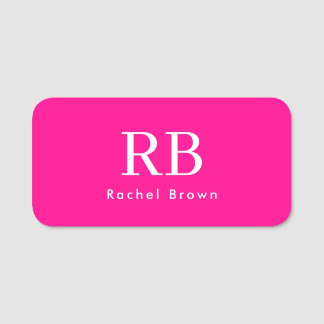 Monogram Hot Pink Elegant Feminine Minimalistisch Namensschild (Vorderseite)