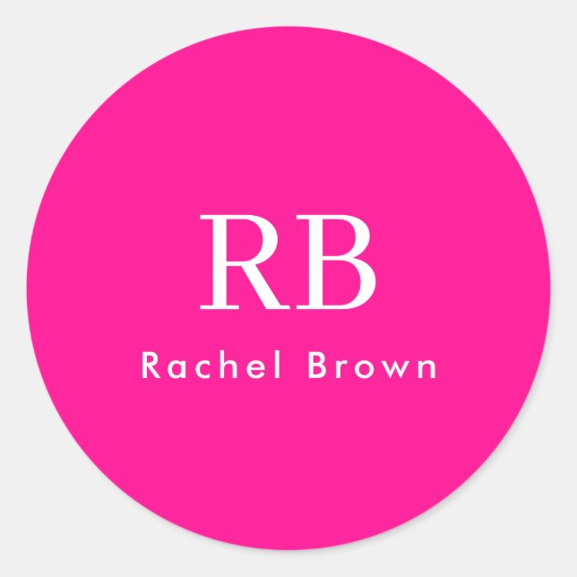 Monogram Hot Pink Elegant Feminine Minimalistisch Runder Aufkleber (Vorderseite)