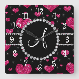 Monogram Hot-Pink-Glitzer-Herzen Schwarze Diamante Quadratische Wanduhr