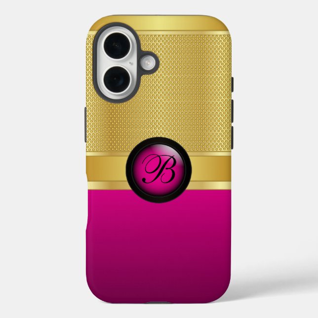 Monogram Hot Pink und Gold Mesh iPhone 16 Hülle (Rückseite)