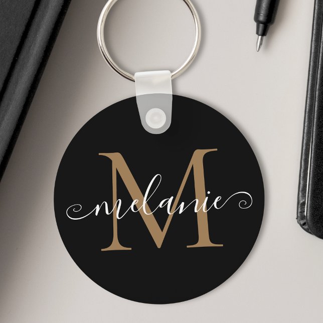 Monogram-Hübsches Chic-Skript für benutzerdefinier Schlüsselanhänger (Show off your name and initial in style with this stylish black personalized keychain.)