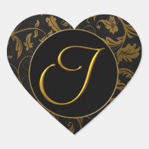 Monogram I Gold and Black Damask Wedding Siegel