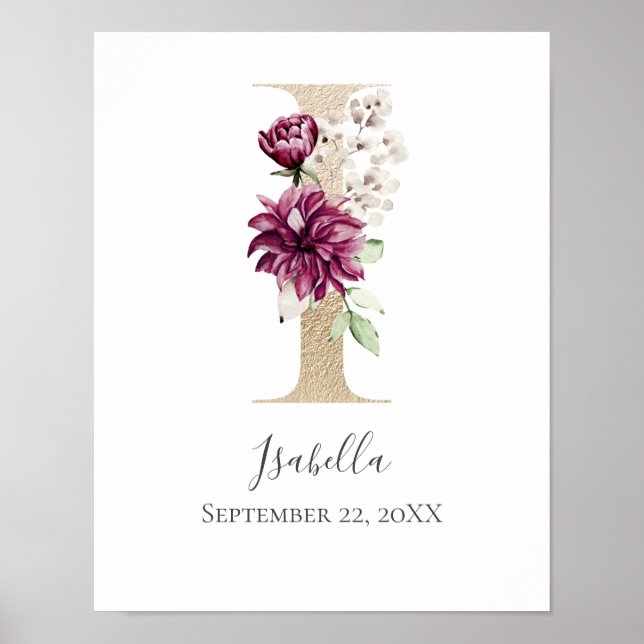 Monogram I Pink White Floral Gold Letter Kinderzim Poster (Vorne)