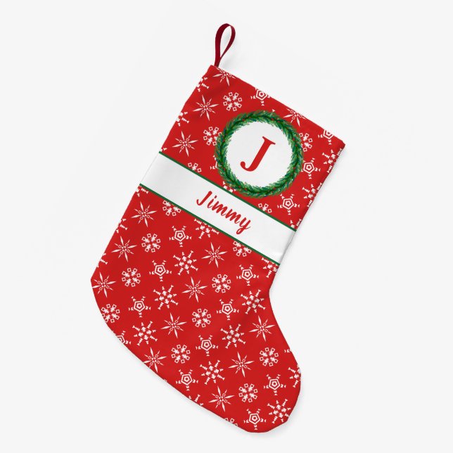 Monogram, Ihr Name Rot und Weiß Schneeflocken Kleiner Weihnachtsstrumpf (Vorderansicht (hängend))