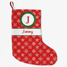 Monogram, Ihr Name Rot und Weiß Schneeflocken Kleiner Weihnachtsstrumpf
