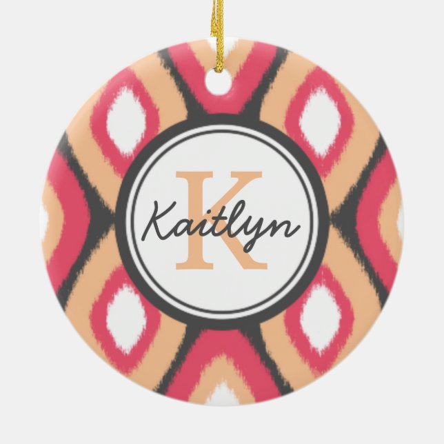 Monogram Ikat Diamonds Pattern Pink Grau Keramikornament (Hinten)