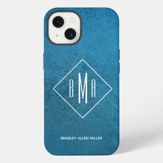 Monogram Imitate Blauer Leder iPhone Hülle (Rückseite)