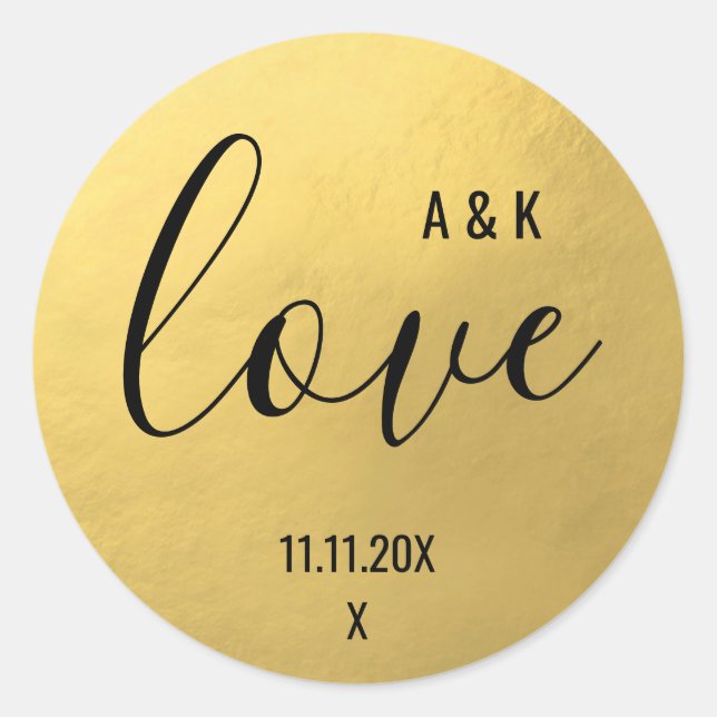 Monogram Imitate Gold Foil LIEBE Script Black Wedd Runder Aufkleber (Vorderseite)