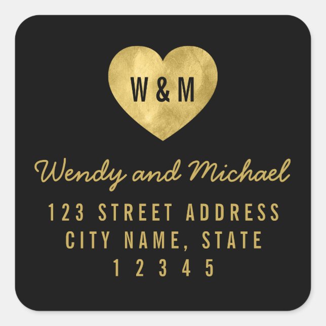 Monogram Imitate Gold Heart Wedding Rücksendeadres Quadratischer Aufkleber (Vorderseite)