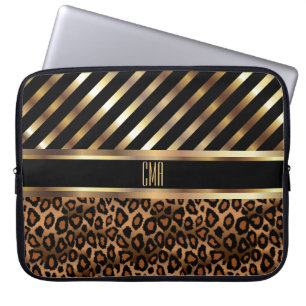 Monogram Imitate Gold Strips und 🐆 Leopard Print Laptopschutzhülle
