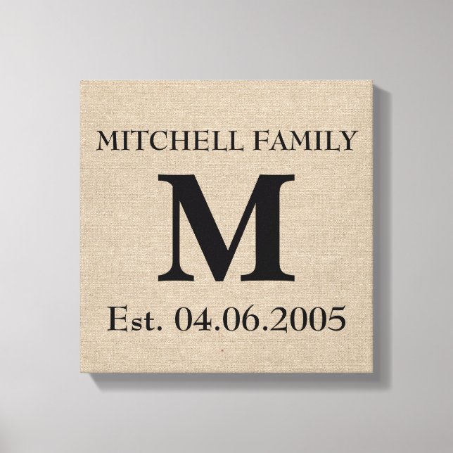 Monogram Imitate Leinen Burlap rustikal chic Initi Leinwanddruck (Vorderseite)