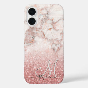 Monogram Imitate Rose Gold Glitzer Weißes Marmor O iPhone 16 Hülle