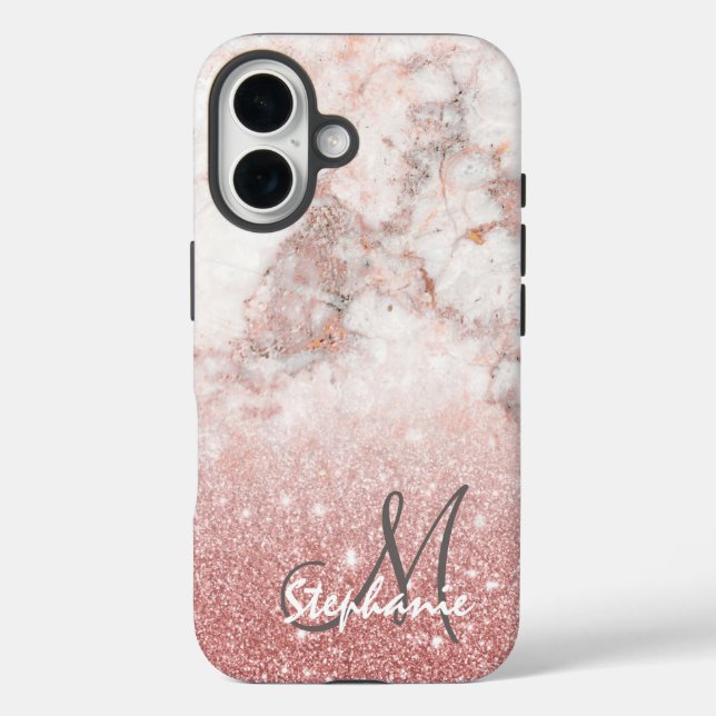 Monogram Imitate Rose Gold Glitzer Weißes Marmor O iPhone 16 Hülle (Rückseite)