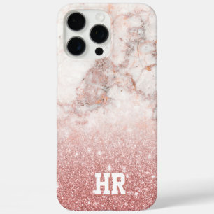 Monogram Imitate Rose Gold Glitzer Weißes Marmor O iPhone 16 Pro Max Hülle