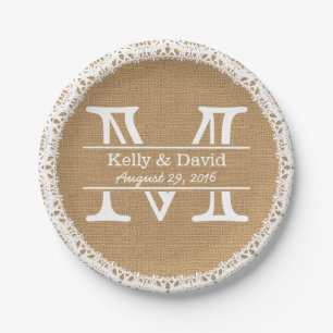 Monogram Imitats Burlap & Lace Rustic Wedding Pappteller