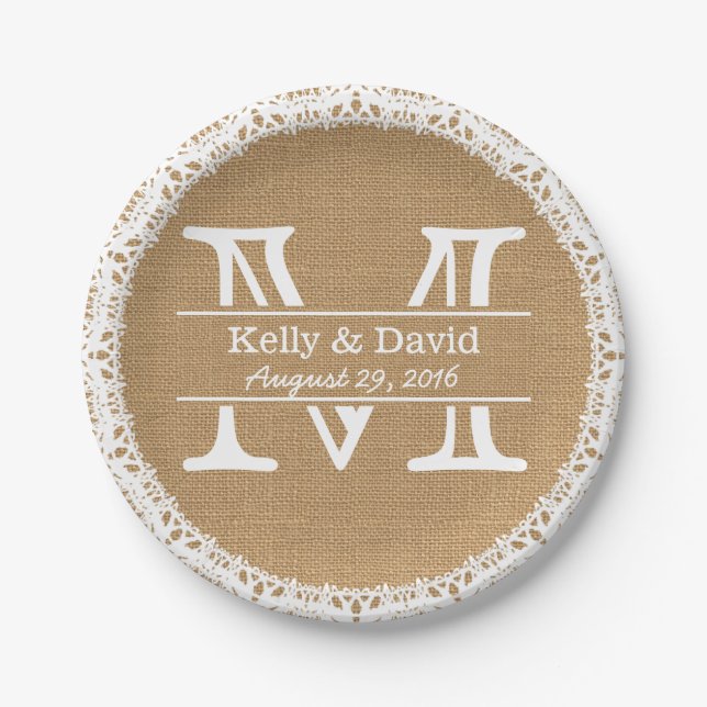 Monogram Imitats Burlap & Lace Rustic Wedding Pappteller (Vorderseite)