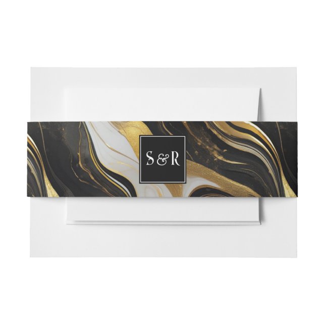 Monogram Imitats Gold, Schwarz-weiße Marmorhochzei Einladungsbanderole (Vorderseite Beispiel)