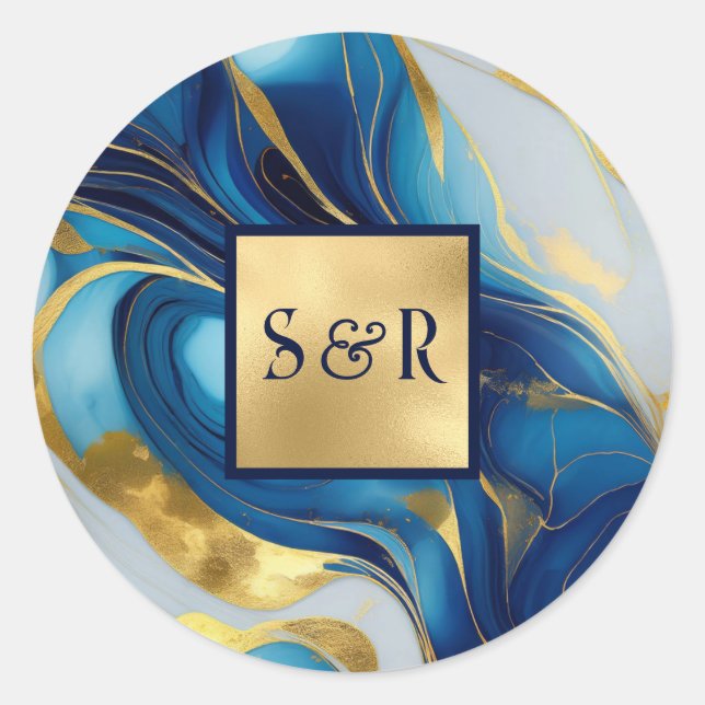 Monogram Imitats Hochzeit Gold, Blau und Weiß Runder Aufkleber (Vorderseite)