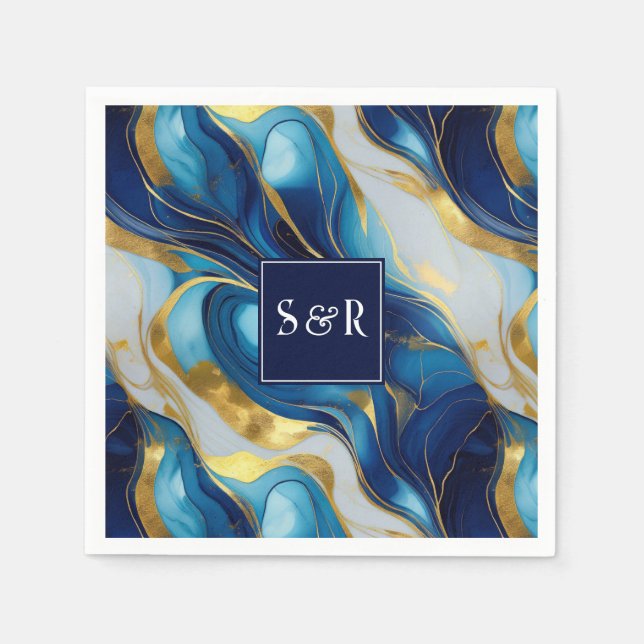 Monogram Imitats Hochzeit Gold, Blau und Weiß Serviette (Vorderseite)