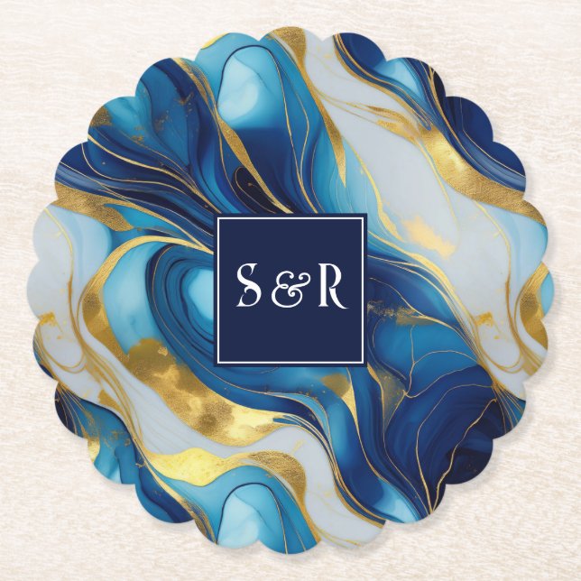 Monogram Imitats Hochzeit Gold, Blau und Weiß Untersetzer (Vorderseite)