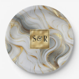 Monogram Imitats Hochzeit Gold, Grau und Weiß Pappteller