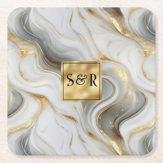 Monogram Imitats Hochzeit Gold, Grau und Weiß Rechteckiger Pappuntersetzer (Vorderseite)