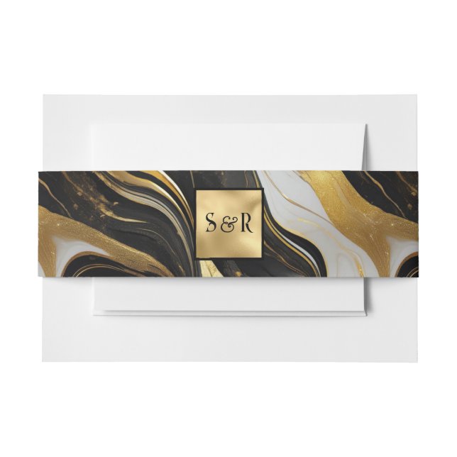 Monogram Imitats Hochzeit Gold, Schwarz & Weiß Einladungsbanderole (Vorderseite Beispiel)