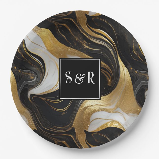 Monogram Imitats Hochzeit Gold, Schwarz & Weiß Pappteller (Vorderseite)