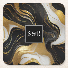 Monogram Imitats Hochzeit Gold, Schwarz & Weiß Rechteckiger Pappuntersetzer