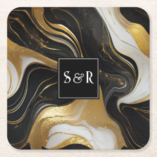 Monogram Imitats Hochzeit Gold, Schwarz & Weiß Rechteckiger Pappuntersetzer