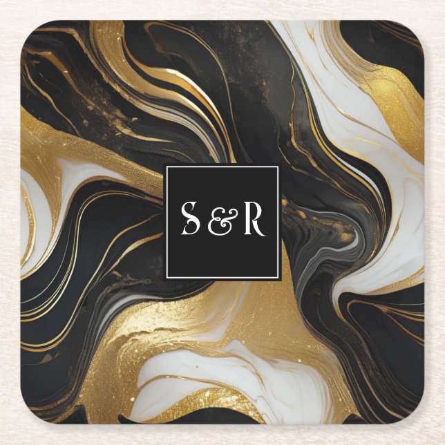Monogram Imitats Hochzeit Gold, Schwarz & Weiß Rechteckiger Pappuntersetzer (Vorderseite)