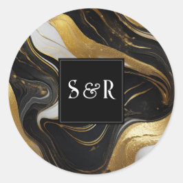 Monogram Imitats Hochzeit Gold, Schwarz & Weiß Runder Aufkleber