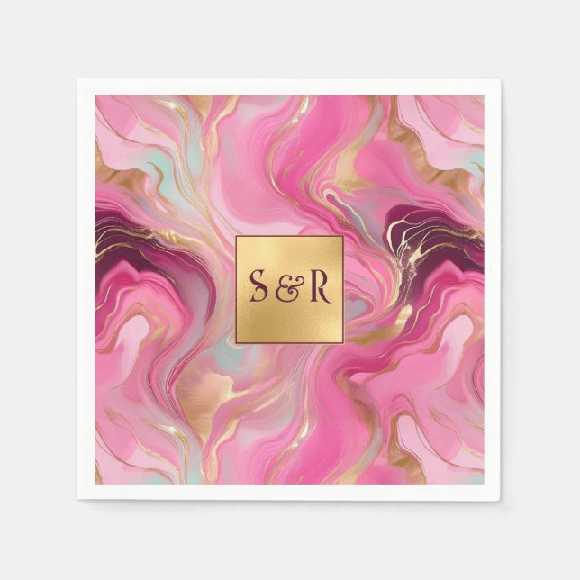 Monogram Imitats Hochzeit Gold und Rosa Serviette (Vorderseite)
