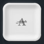 Monogram Individuelle Name Gray White Elegant Pappteller<br><div class="desc">Entworfen mit Text-Vorlagen für mit Monogramm Initial und Name,  die Sie anpassen können!</div>