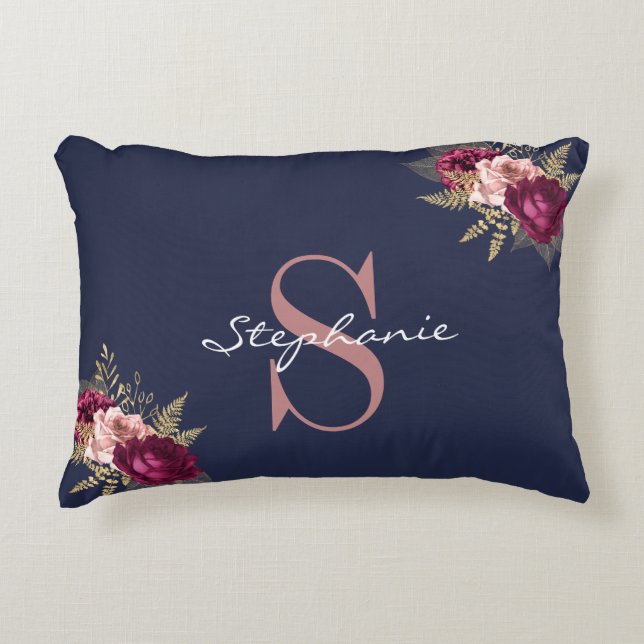Monogram Individuelle Name Pink Gold Burgundy Flor Dekokissen (Vorderseite)