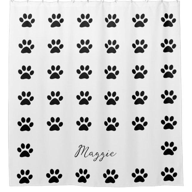 Monogram Individuelle Name Schwarz-weiß Paw Print  Duschvorhang (Vorderseite)