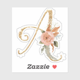 Monogram Initial A Gold Glitzer Peony Rose Floral Aufkleber