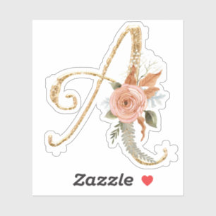 Monogram Initial A Gold Glitzer Peony Rose Floral Aufkleber