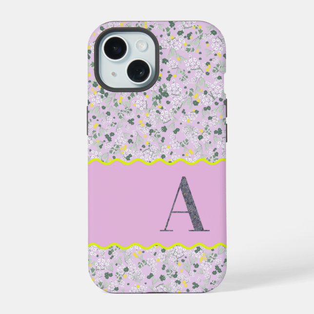 MONOGRAM INITIAL A LILAC KLEINE BLUME iPhone 15 HÜLLE (Rückseite)