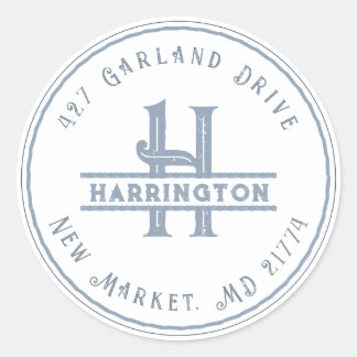 Monogram Initial Address Personalisiert Grunge Blu Runder Aufkleber