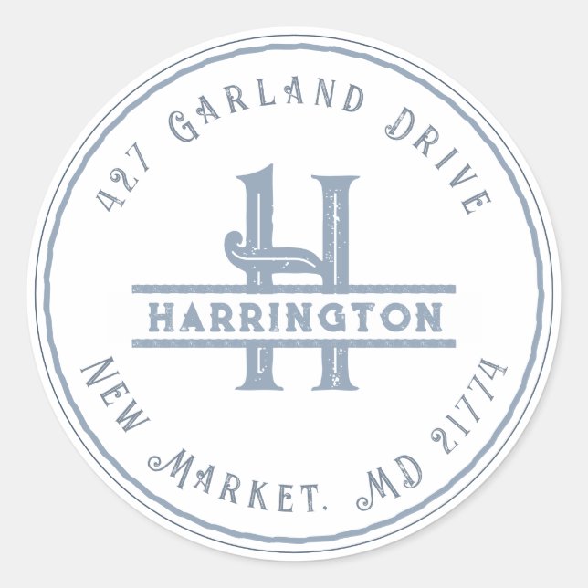 Monogram Initial Address Personalisiert Grunge Blu Runder Aufkleber (Vorderseite)