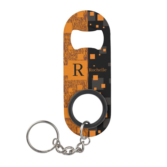 Monogram Initial Black Orange Squares Float Art Mini Flaschenöffner (Vorderseite)
