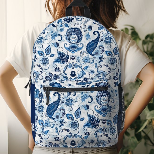 Monogram Initial Blue und White Paisley Bedruckter Rucksack (Von Creator hochgeladen)