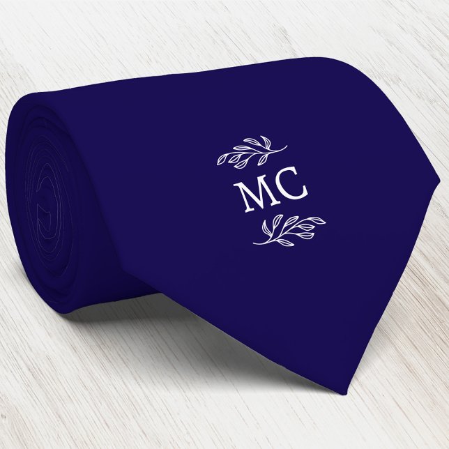 Monogram Initial Crest Botanical Leaf Navy Blue Krawatte (Simple botanical leaf monogram initials personalized crest neck tie
)