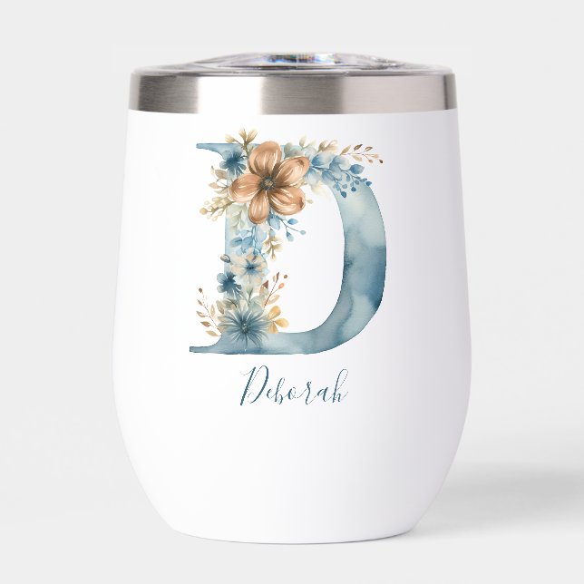 Monogram Initial D Blue Floral Watercolor Gift Ihr (Vorderseite)
