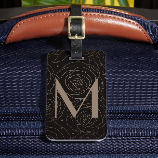Monogram Initial Dunkle Florale Rose Neutrale Farb Gepäckanhänger (Vorderseite Insitu 2)