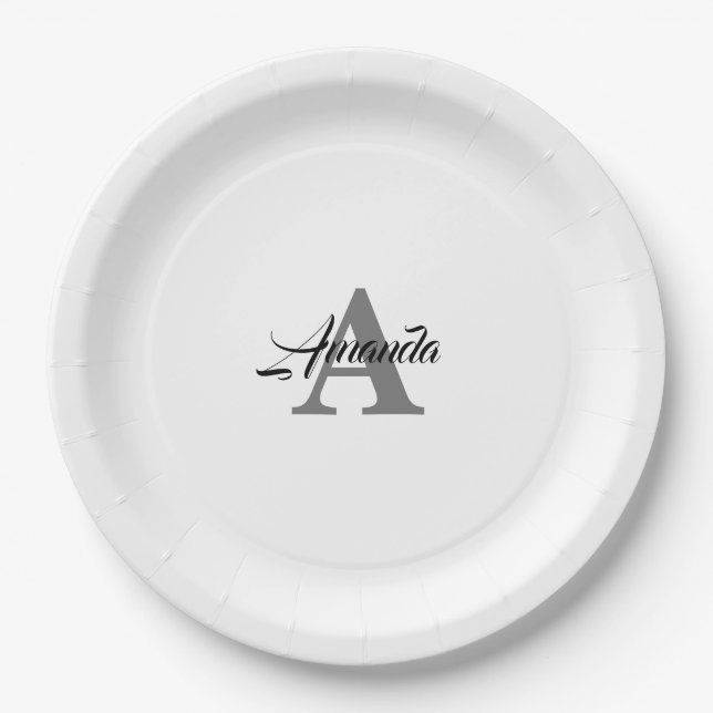 Monogram Initial Elegant Individuelle Name Grau Wh Pappteller (Vorderseite)