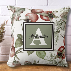 Monogram Initial & Family Name Elegant Botanisch Kissen
